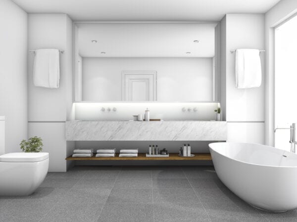 3d rendering white luxury bathroom near window