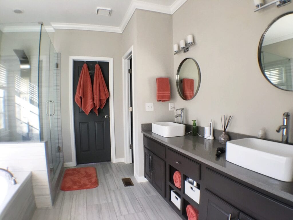 Gray and white master bathroom