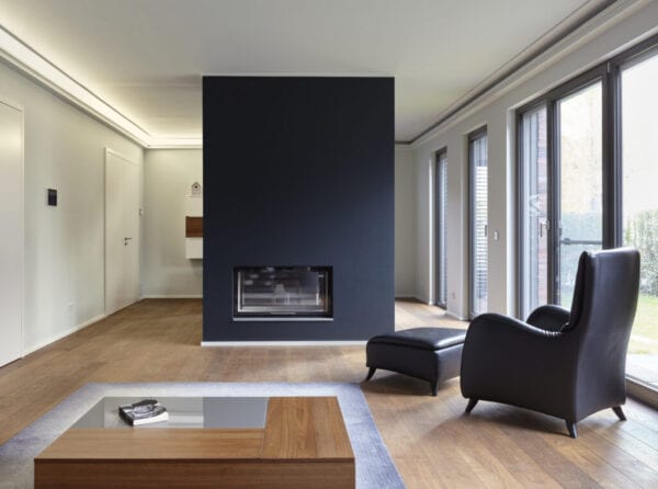 Plank floor and modern fireplace in home