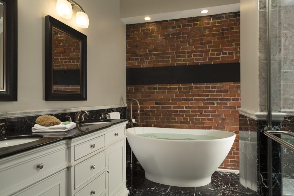 Bathtub and Shower in Luxury Bath, Sixteen Bay View Hotel, Camden, Maine, USA