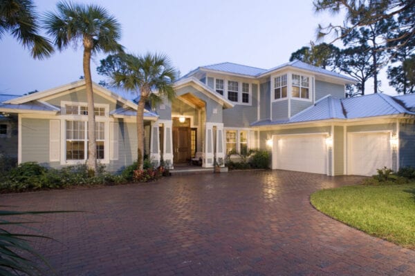 Front exterior of modern house at sunset