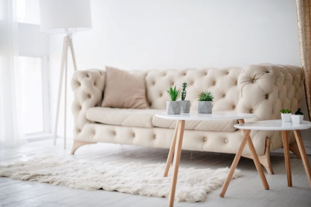 Living room with beige textured couch and shaggy rug