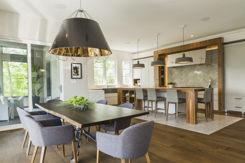 Modern lighting in dining room and kitchen