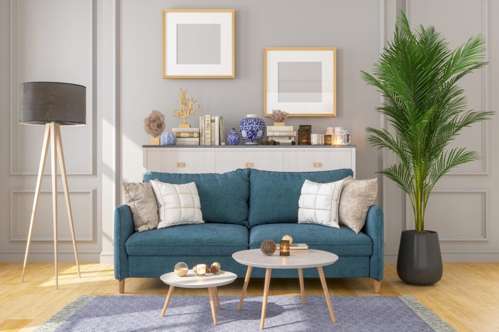 blue sofa with table