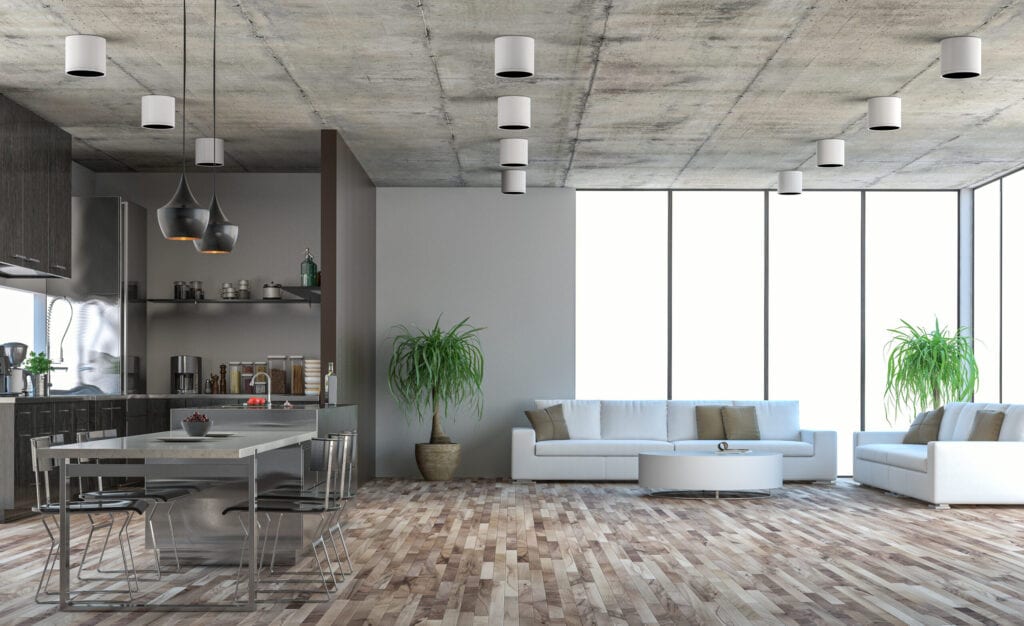 Modern industrial style living room with concrete ceiling and floor-to-ceiling windows