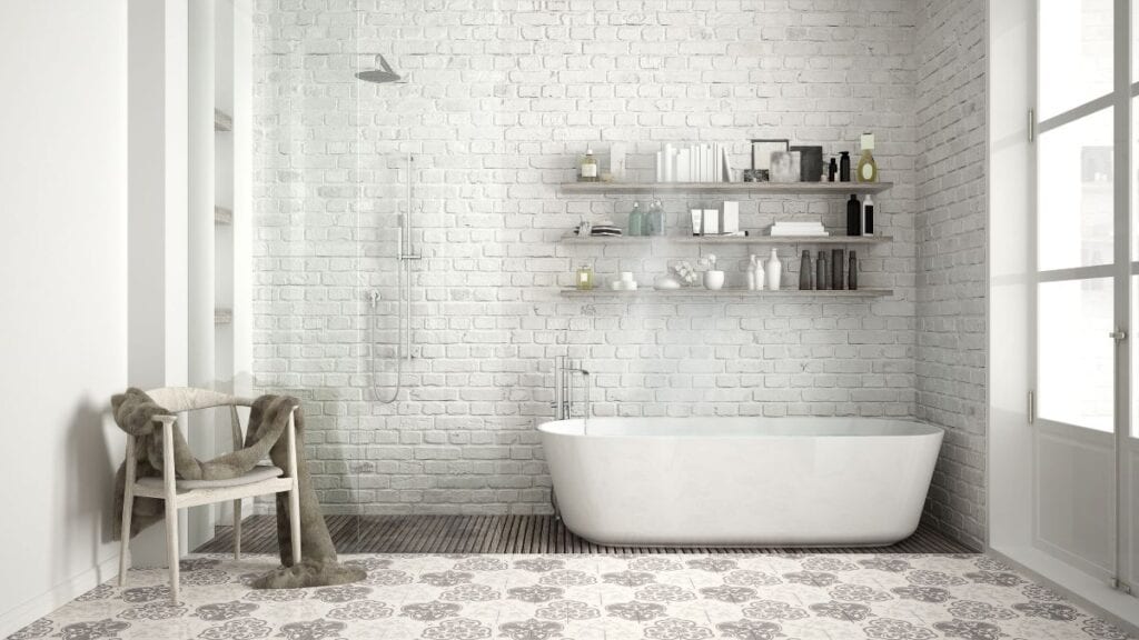 Modern bathroom with decorative tile on floor
