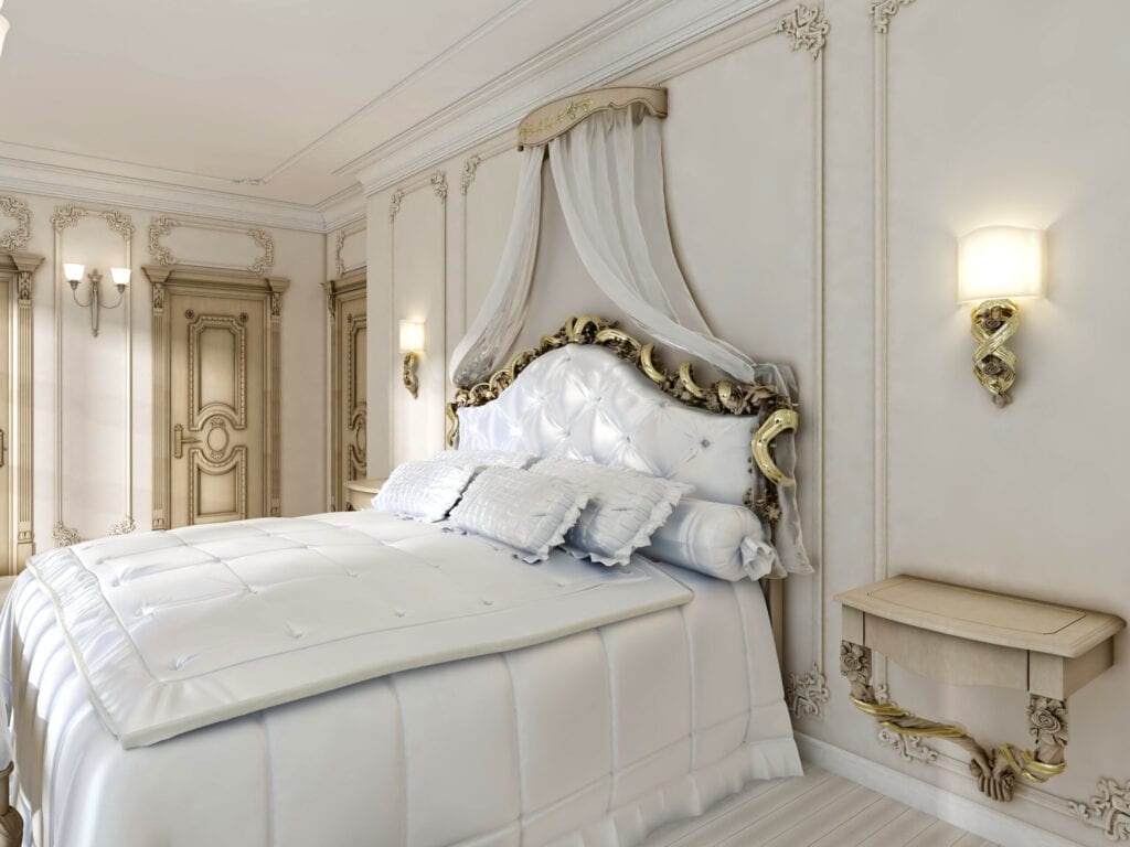 Great classic four-poster bed and soft white Comforter with pillows and hanging cabinets. 3D render.