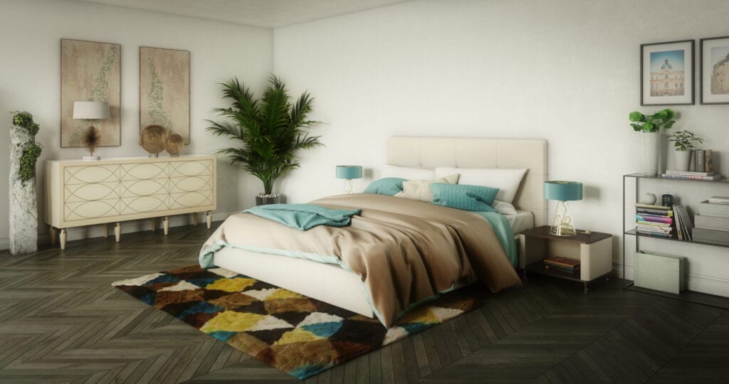 Digitally generated cozy and modern bedroom interior design. The scene was rendered with photorealistic shaders and lighting in Autodesk® 3ds Max 2020 with V-Ray Next with some post-production added.