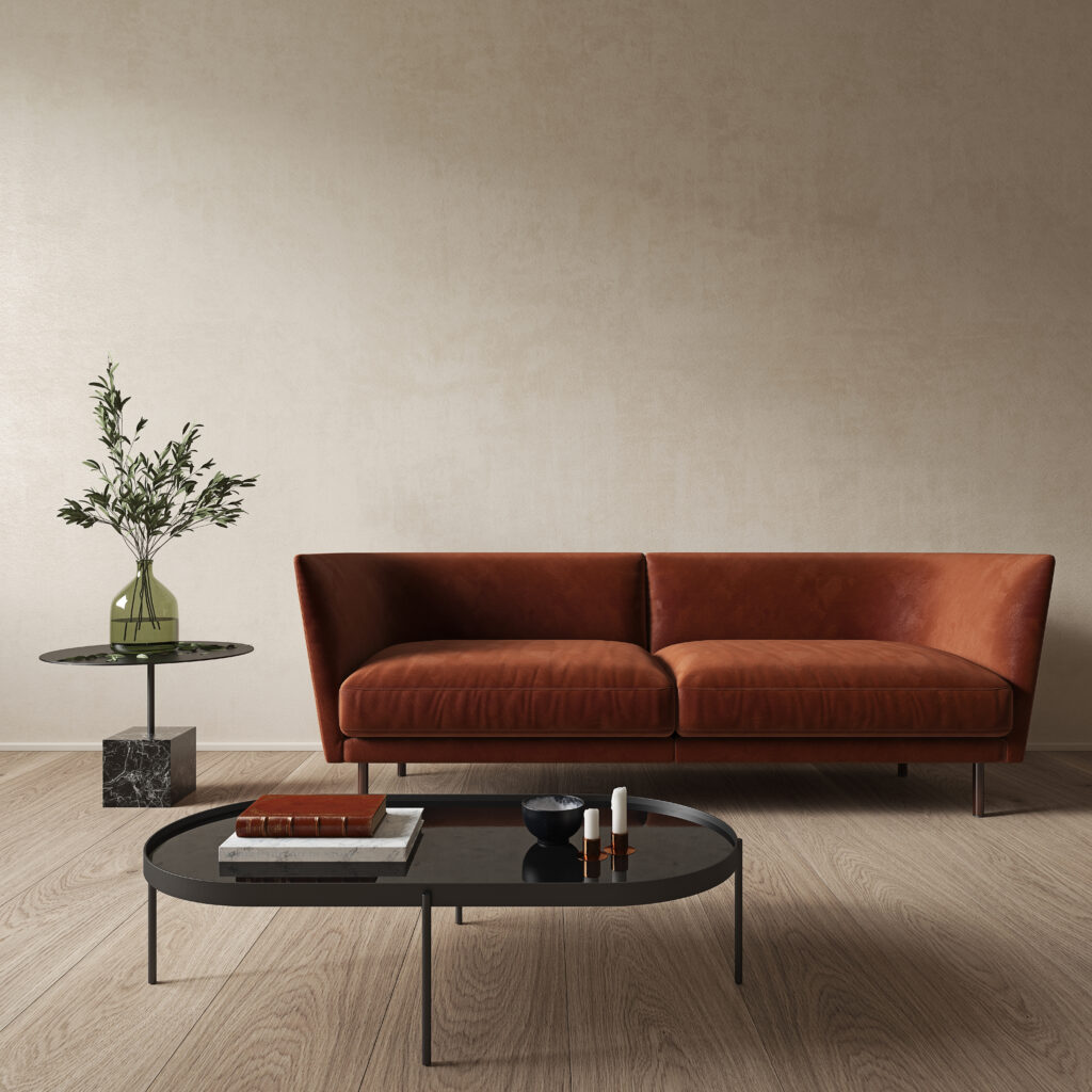 Modern minimalist beige interior with orange sofa and coffee table. 3d render illustration mock up.