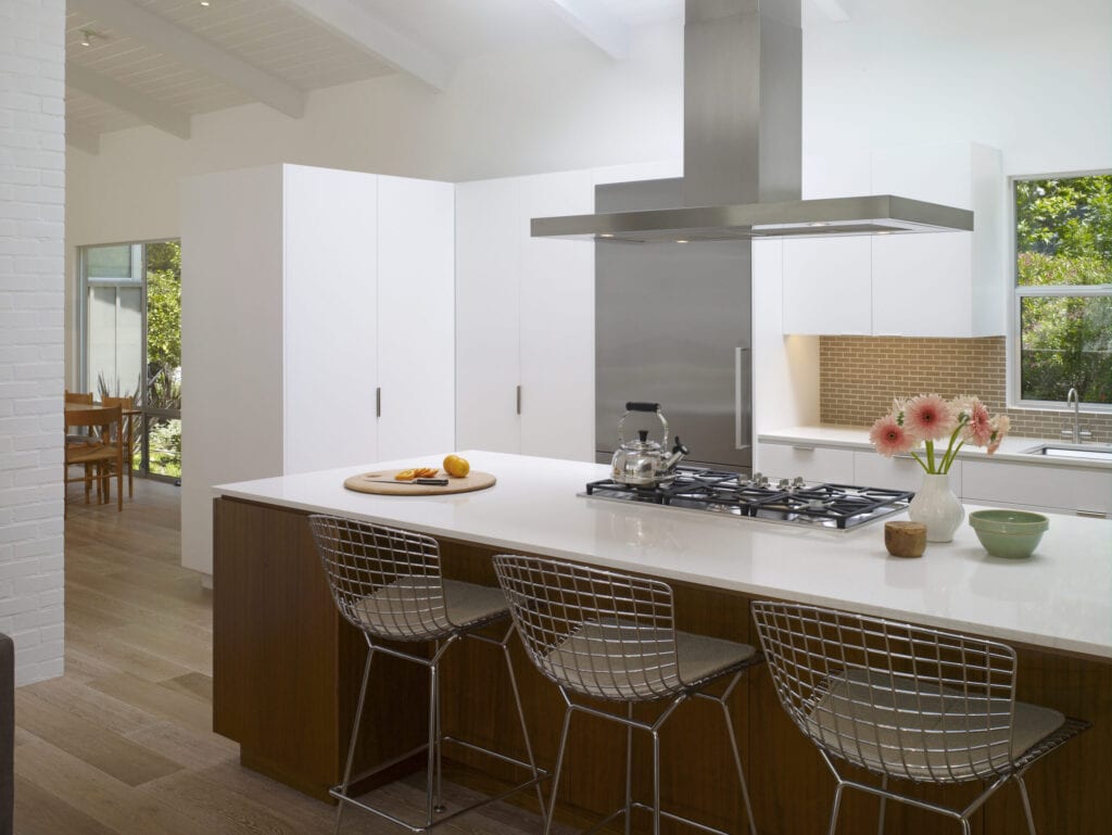 Mid Century Modern house in Los Angeles, California. Open plan kitchen area with natural light.