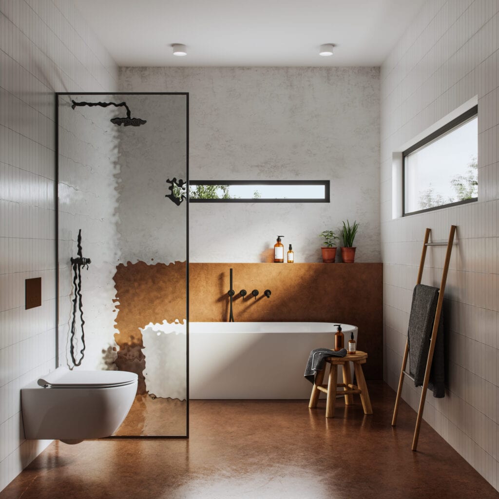 Image générée par ordinateur d'un intérieur de salle de bain domestique avec toilettes et baignoire. Intérieur de salle de bain en 3d.