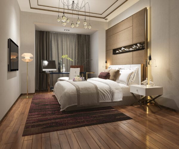 3d rendering beautiful luxury bedroom suite in hotel with tv