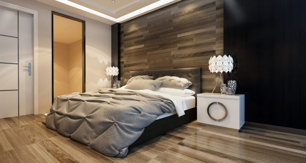 Modern bedroom interior with stunning lamps and modern night stands