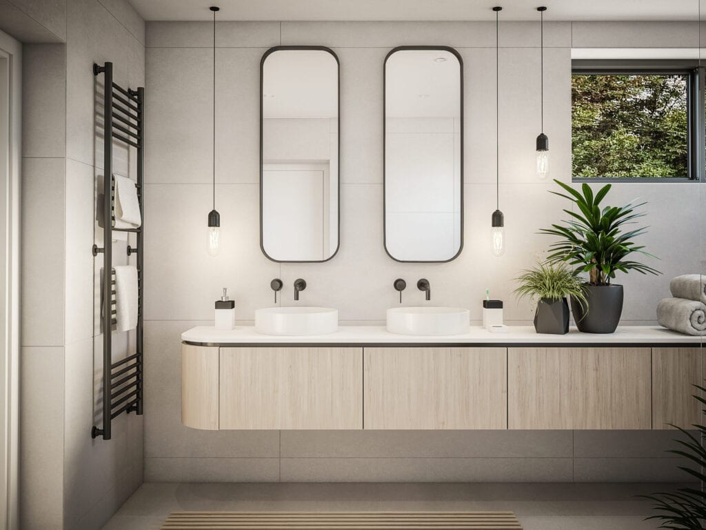 Computer generated image of bathroom. Architectural Visualization. 3D rendering.