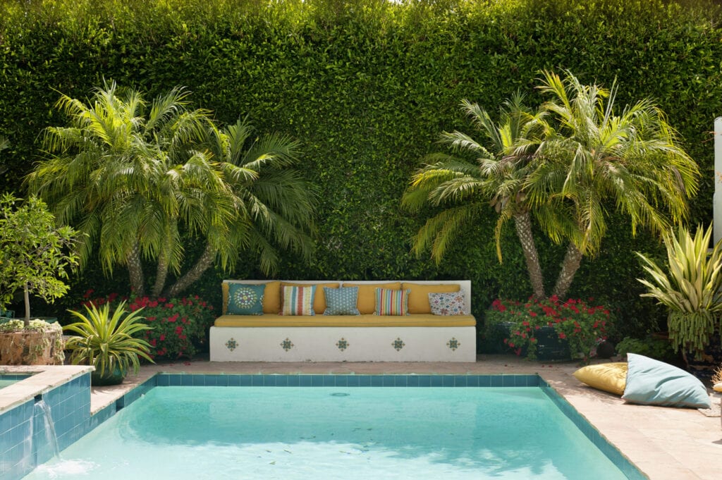 An outdoor pool in a suburban Californian garden with palm trees and cushions