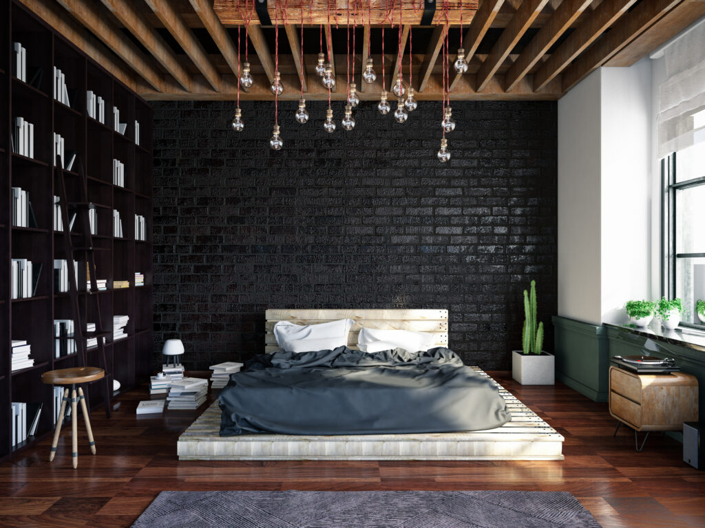 Loft room with cozy design and brick wall