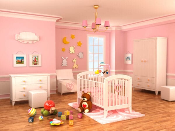 Nursery room decorated with white elegant furnitures. Artworks on the walls are my own illustrations