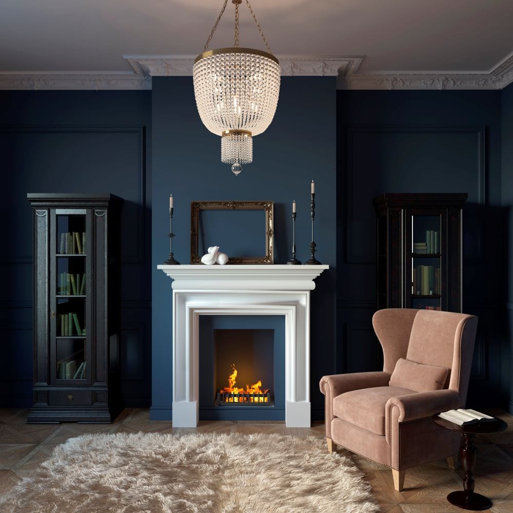 Modern living room with navy walls and fireplace