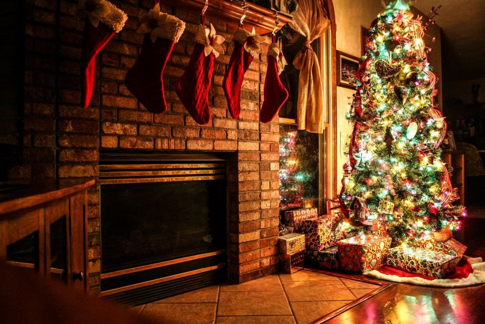 Fireplace and mantel decorated for Christmas