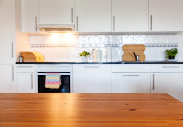 blurred kitchen interior with desk space