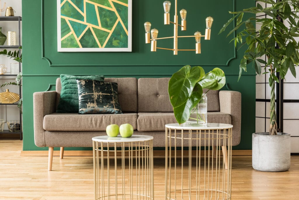 Elegant green and gold living room with tropical plant