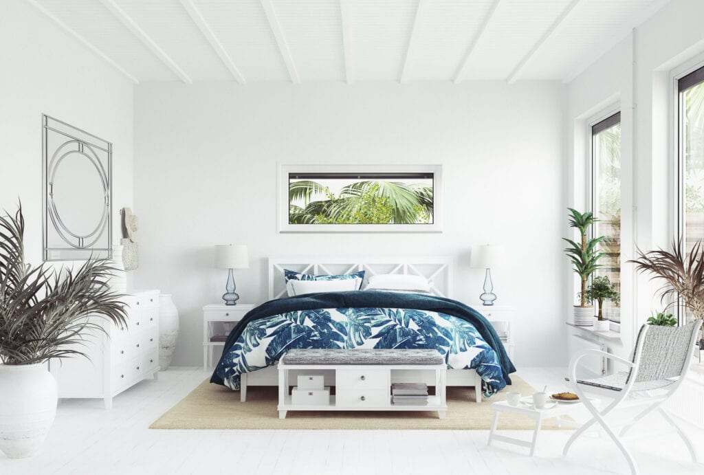 White tropical bedroom interior, Coastal style
