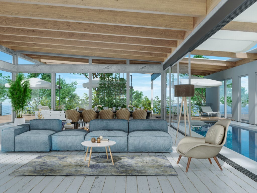 Modern living room with indoor and outdoor pool