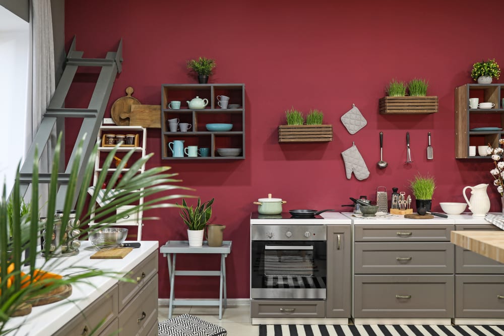 Pink kitchen with tropical accents