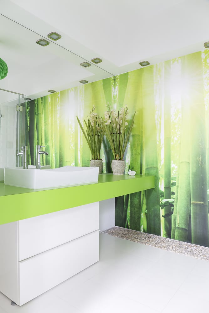 Bathroom with bamboo shoot wallpaper