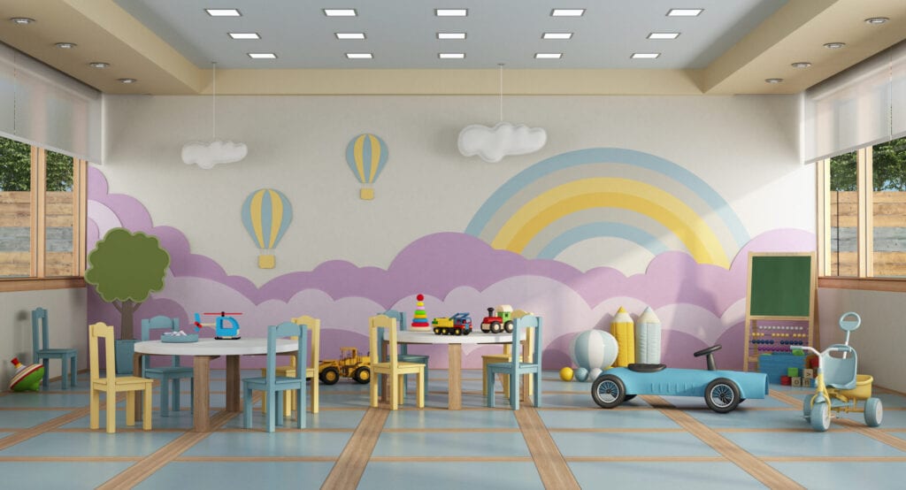 Colorful kindergarten class without Childs ,school desk, chair, toy and decoration on background wall- 3d rendering The room does not exist in reality, Property model is not necessary