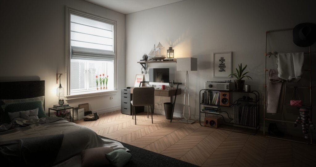 Digitally generated cozy and messy home interior design with a small workplace, bed and lots of home props. The scene was rendered with photorealistic shaders and lighting in Autodesk® 3ds Max 2020 with V-Ray Next with some post-production added.