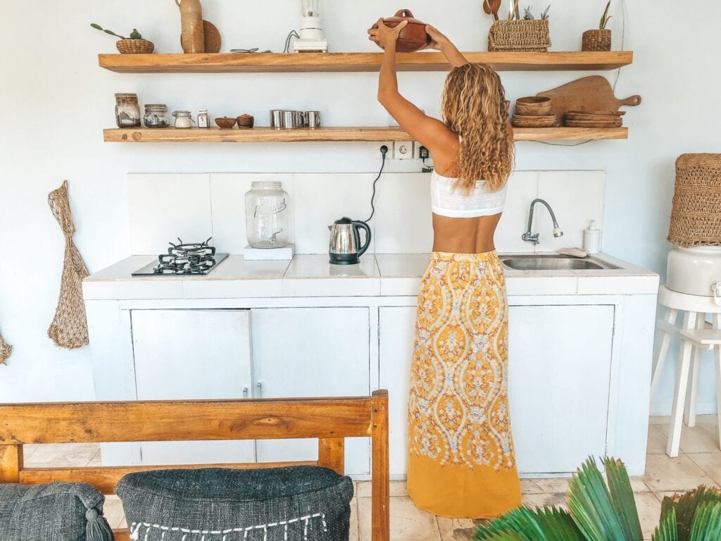 boho kitchen open shelf concept 