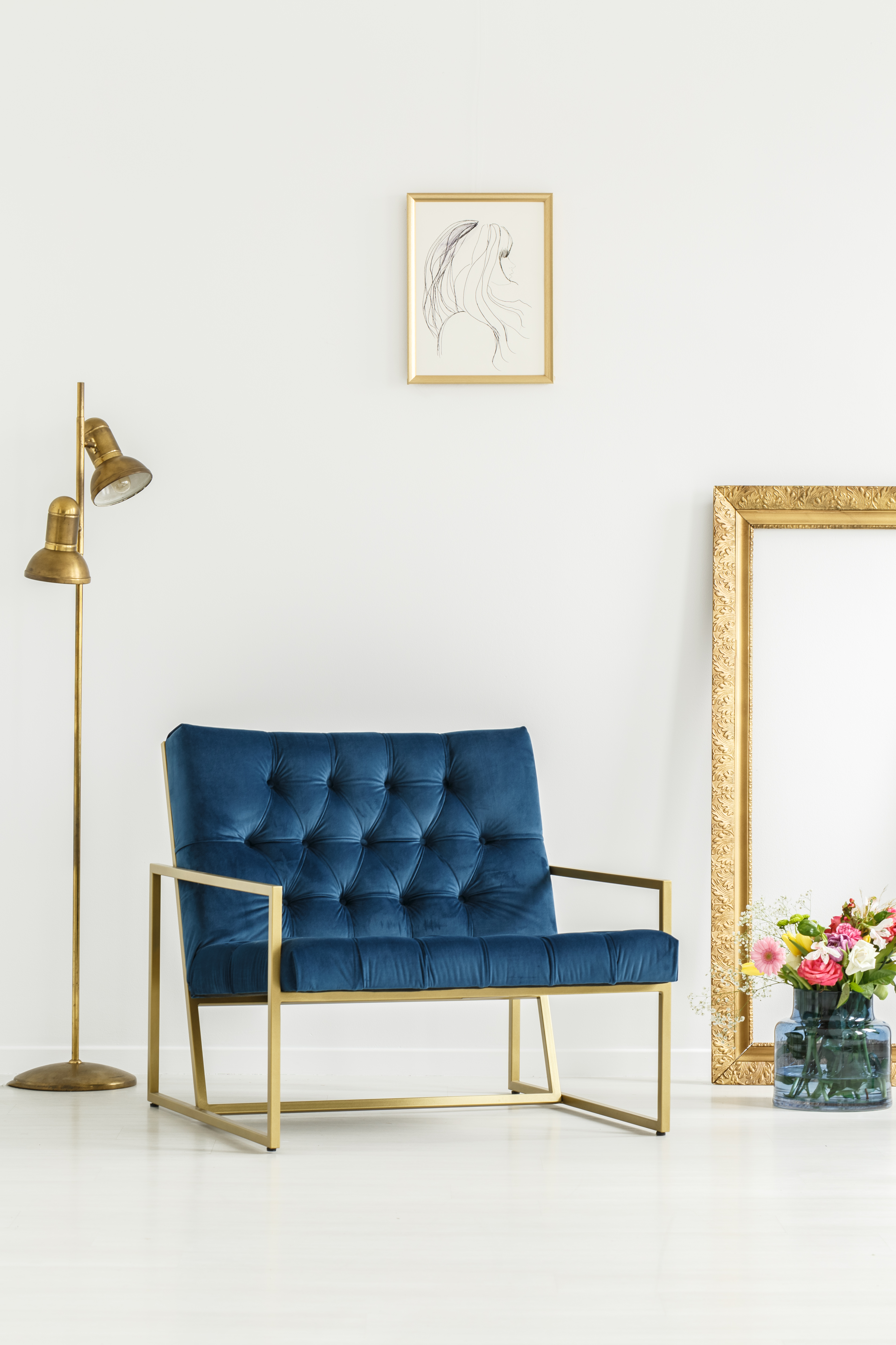 A luxurious, navy blue armchair