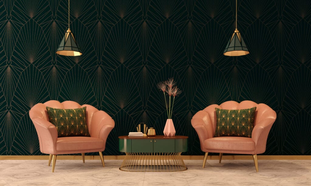 Art Deco interior in classic style with pink armchair and pillows.Pink vase on table.Dark green wall with ceiling lamps.3d rendering