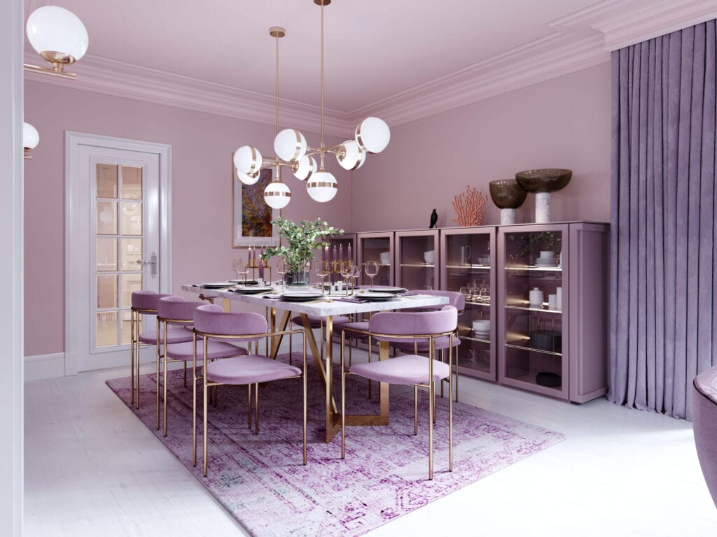 Lilac color dining room in trendy art deco style with modern furniture, served table and chairs. 3D rendering.