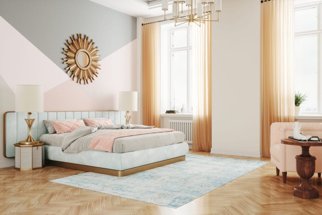 Interior of a luxury retro style bedroom in pink color.