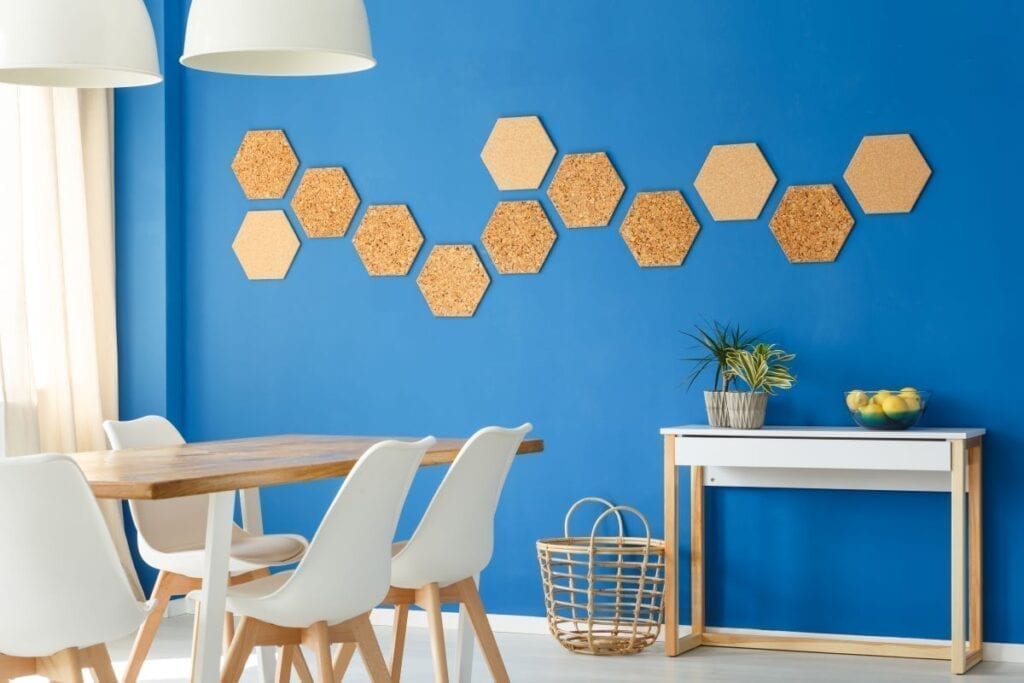 Honeycomb design on blue dining room wall