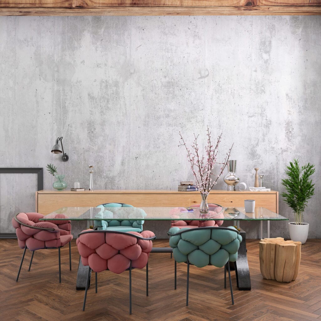Nordic style apartment dining room interior with large table and chairs, also used as at home office. freelance designer background template. Blank wall in the background. daylight scene, lot of details and decoration. Vibrant neon and pastel colored chairs. render