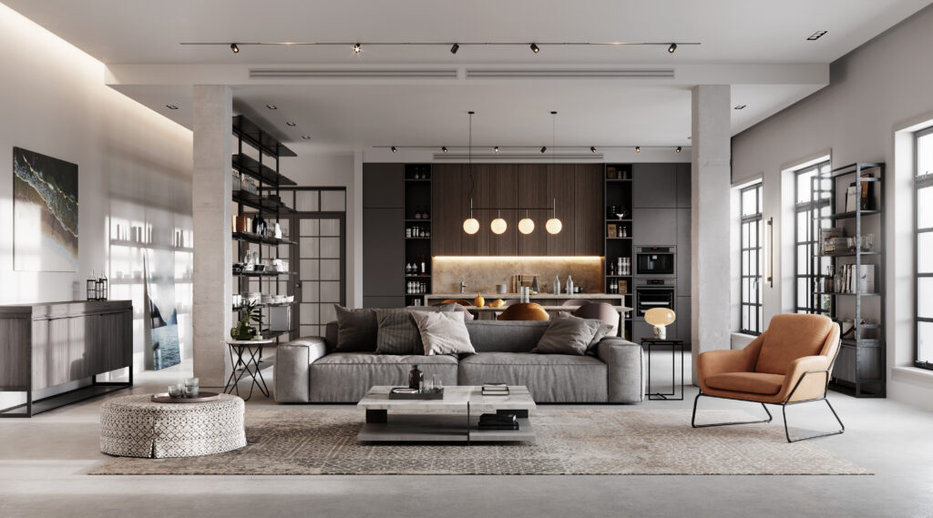 Computer generated image of a luxurious and modern living room interiors. 3D Rendering of a full furnished living Room.