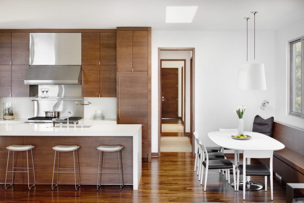 Modern Kitchen with Stainless appliances, barstools, island and kitchen table