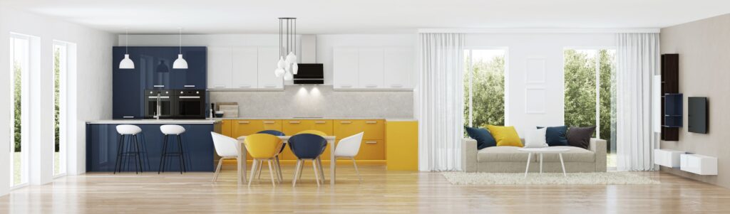 Mid century modern living room and kitchen with mustard yellow accents