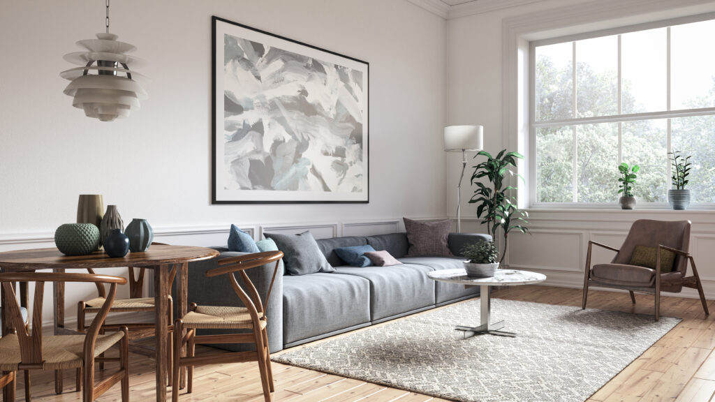 Scandinavian interior design living room 3d render with gray colored furniture and wooden elements
