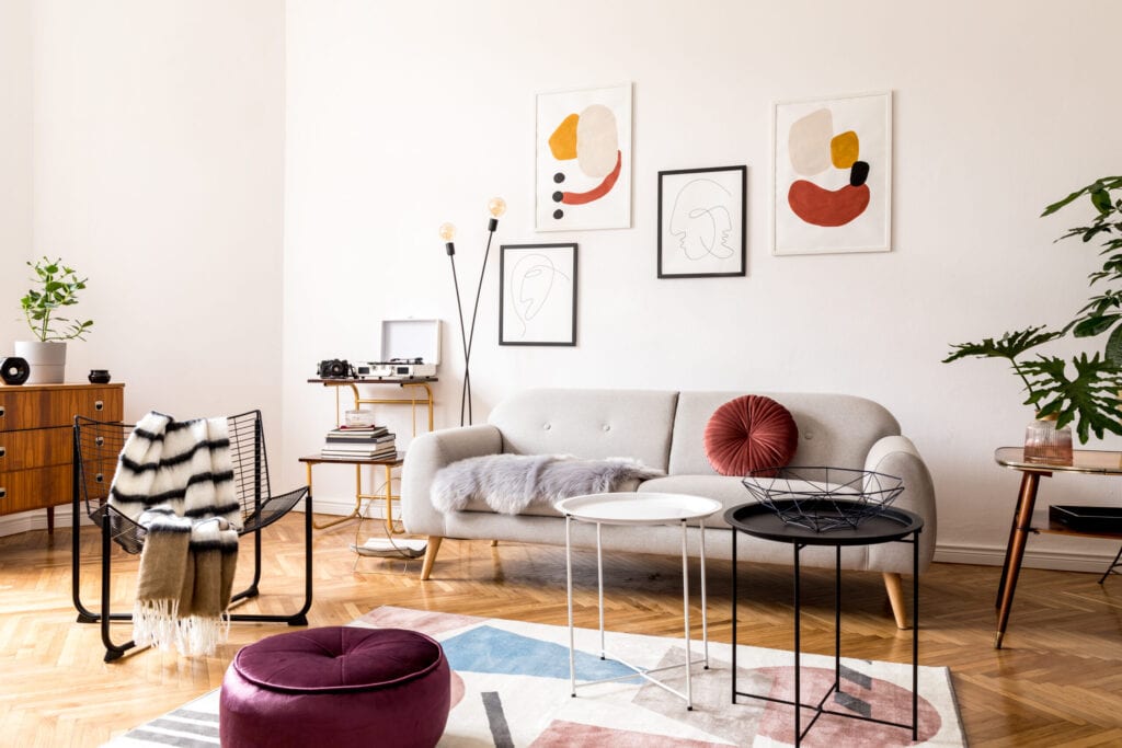 Minimalistic retro style home interior. Scandinavian living room.