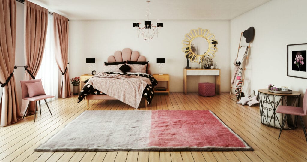 Digitally generated warm and cozy pink themed girl's bedroom interior design, with messy bed and lots of props. The scene was rendered with photorealistic shaders and lighting in Autodesk® 3ds Max 2016 with V-Ray 3.6 with some post-production added.