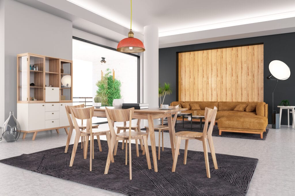 Modern dining room with wood furniture