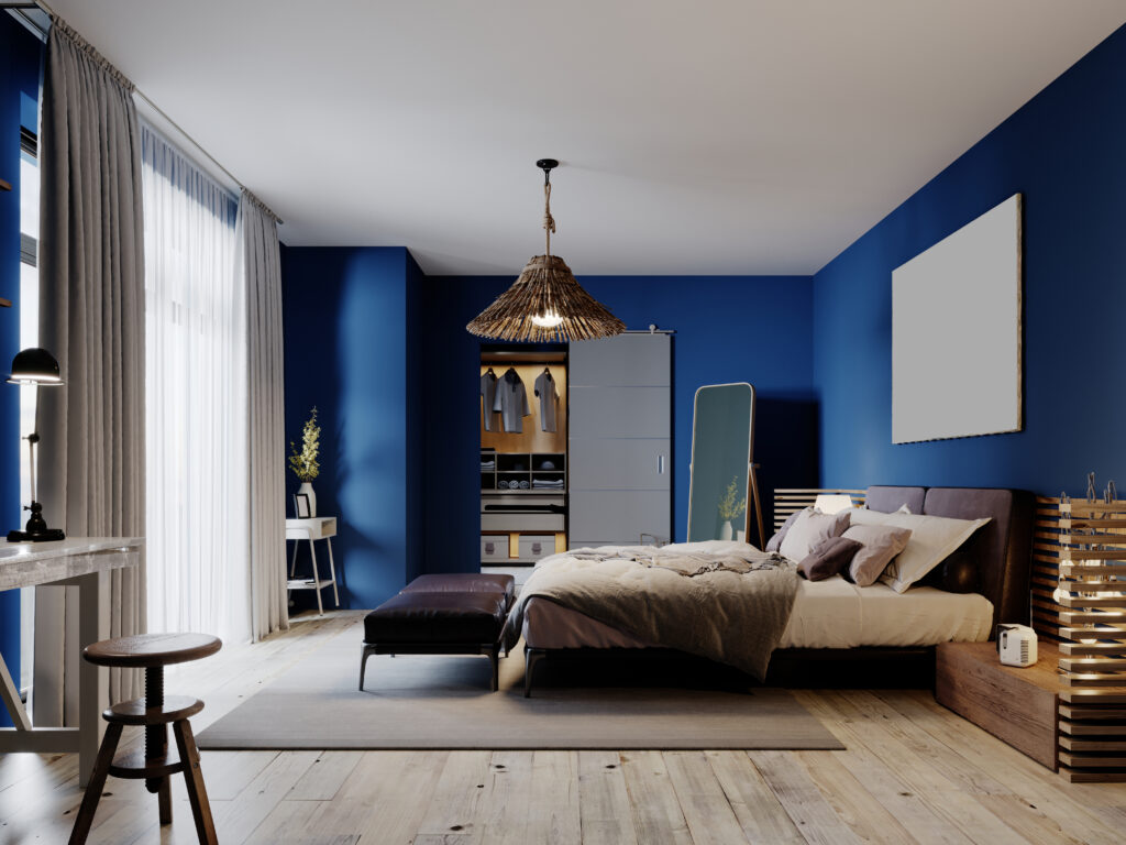 Fashionable modern loft style bedroom with blue walls and rustic furniture. 3D rendering.