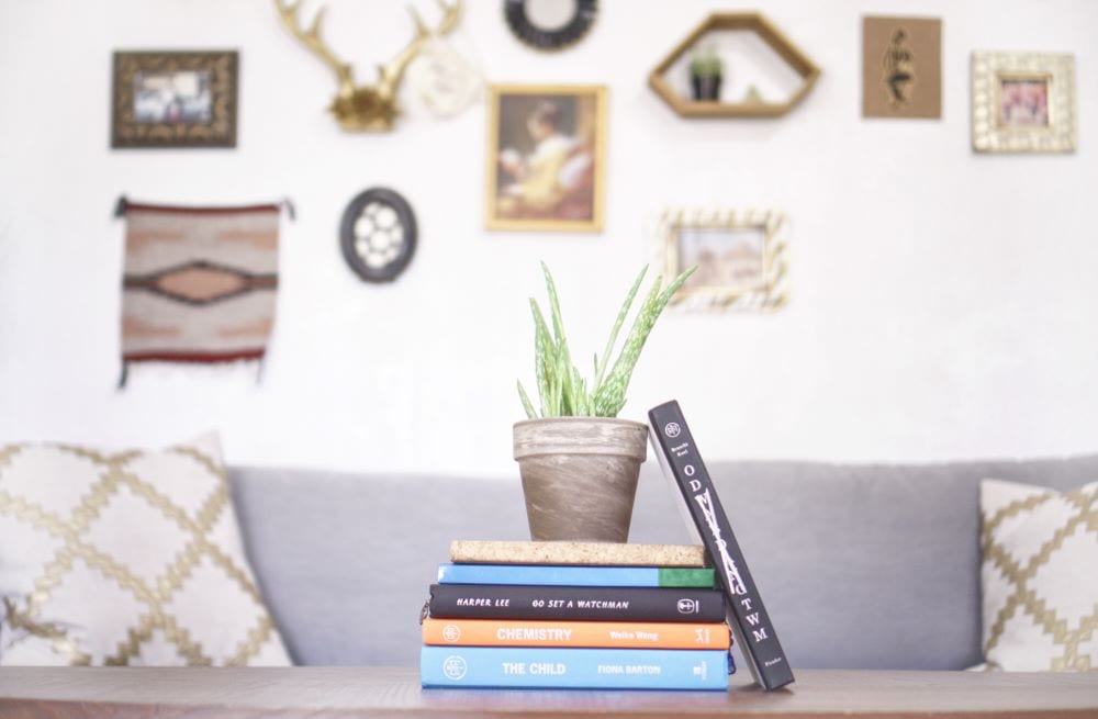 Close up of books and plant on coffee table, gallery of pictures on the wall