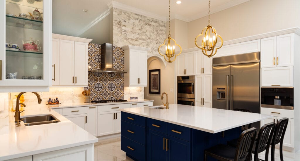 blue kitchen with gold accents 