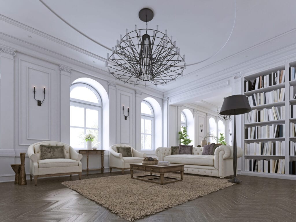 Luxury classic interior of living room and dining room with white furniture and metal chandeliers. 3d illustration