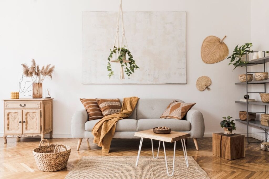 Boho living room with house plants